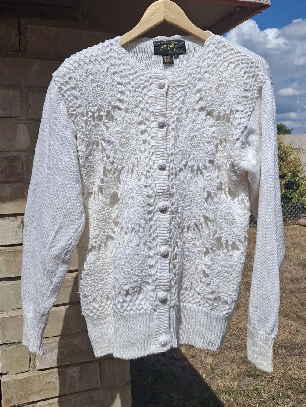 Vintage Jacquelyn by Browne Crochet Cardigan Sweater Ivory Button-Up Small - Picture 4 of 14
